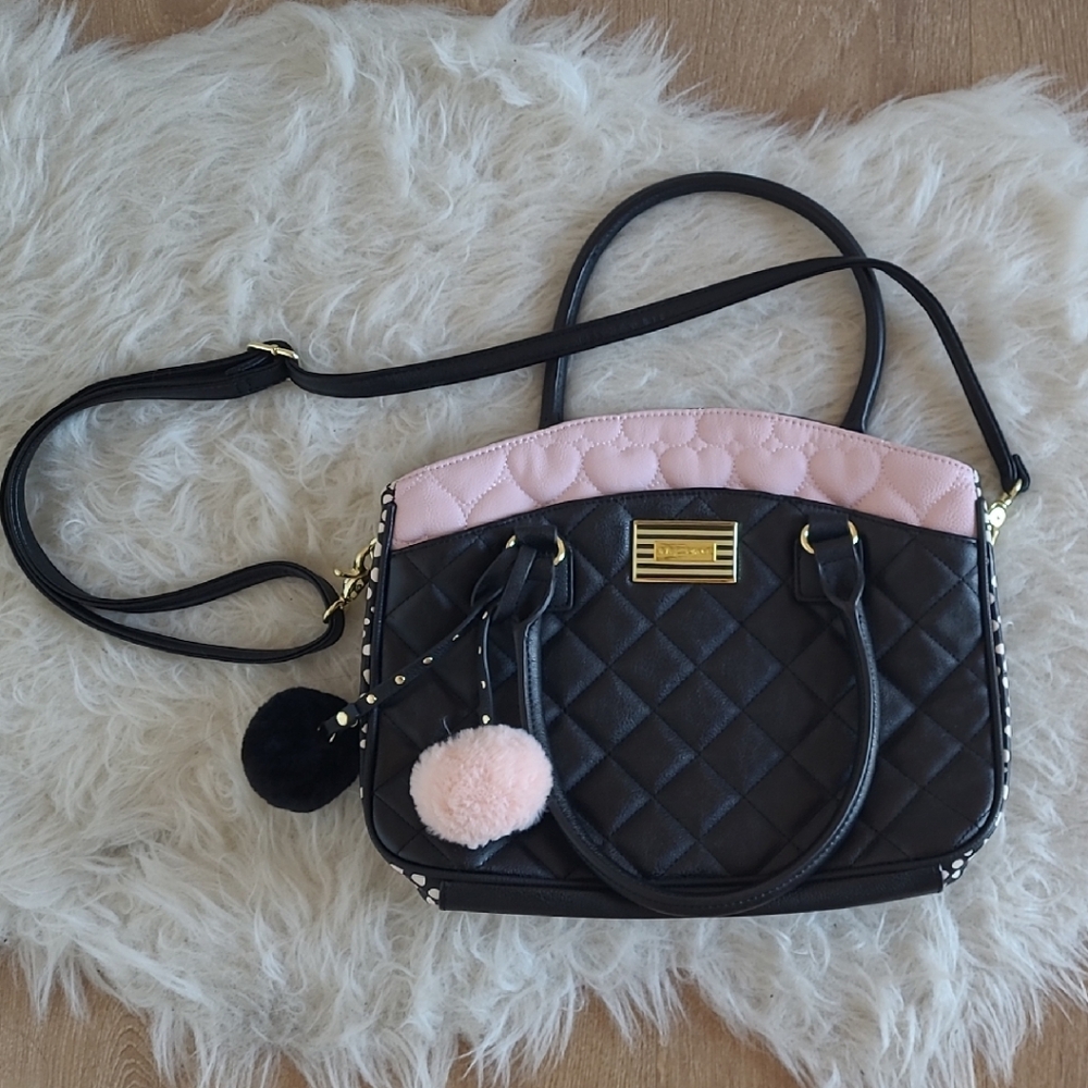 Betsey Johnson Black and Pink Quilted Satchel with Gold Accents